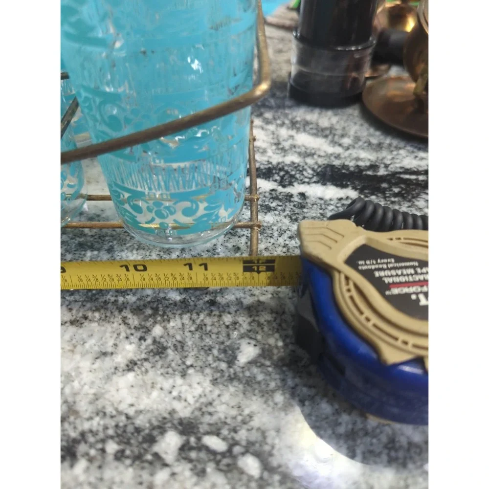 8 Vintage Anchor Hocking Chantilly Turquoise Drinking Glasses With MCM Holder